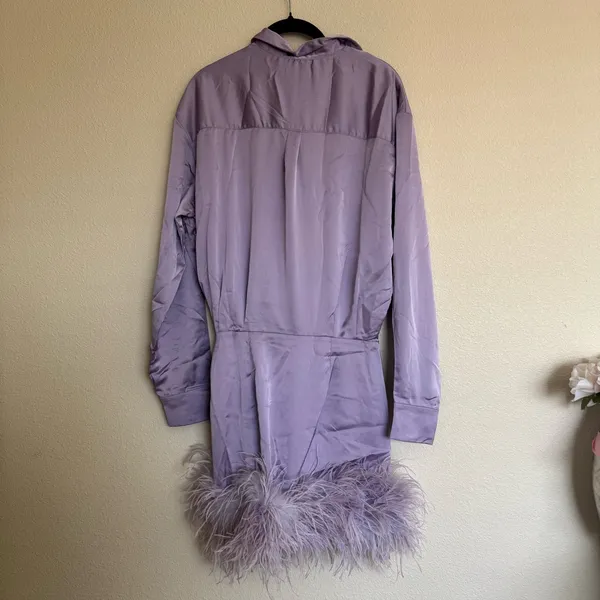 House of CB ‘Tyra’ Feather Trim Long Sleeve Satin‎ Mini Shirt Dress Orchid NWOT - Image 7
