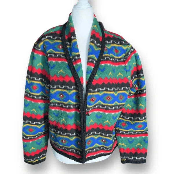 Vintage Southwestern Fleece Cardigan Jacket Colorful Concho Buttons Medium Boho - Image 9