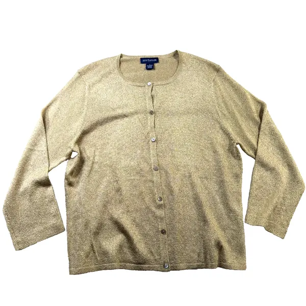 Ann Taylor Gold Shimmer Knit Crewneck Cardigan Sweater Women's Large EUC - Image 3