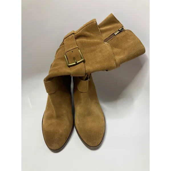 Very Volatile tan suede wedge mid calf boots buckles women's size 8.5 Trendy‎ - Image 3
