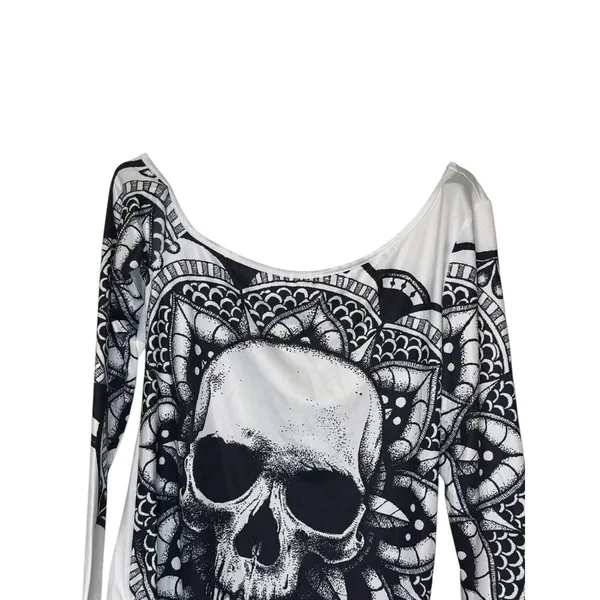 Dressfo Women's‎ Top Gothic Skull Bone Print Long Sleeve Off Neck White Sz.6 NWT - Image 4