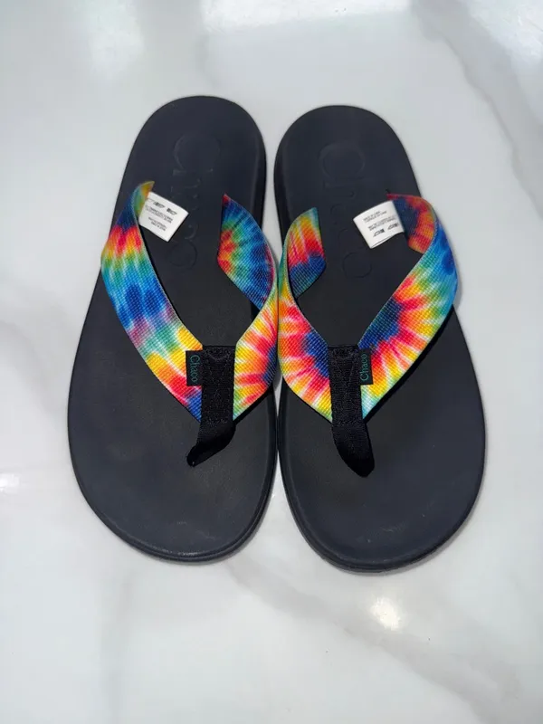 Chacos chillos Black Flip Flops with Rainbow Tie-Dye Straps - Image 4