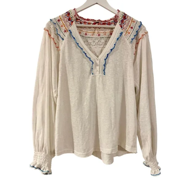 Free People White Siesta crochet embroidered colorful boho blouse small - Image 10