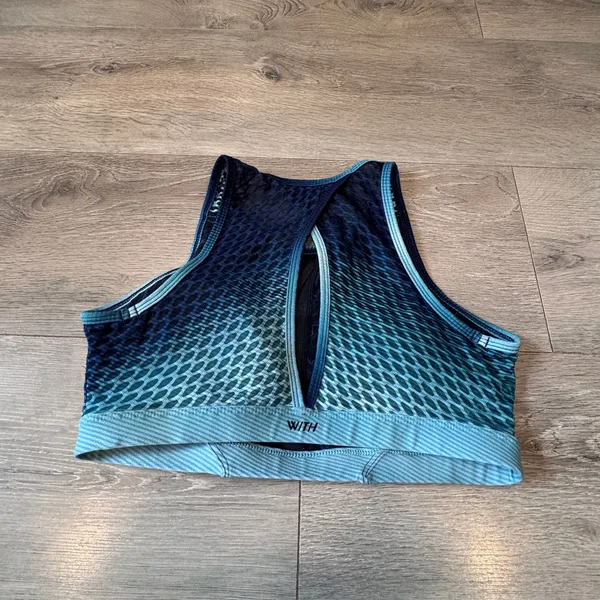 Peloton x WITH Wear It To Heart Ombre Mesh High Neck Sports Bra Blue Teal Medium - Image 2