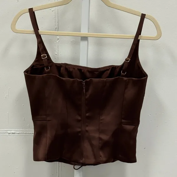 Oh Polly Chocolate Brown Satin‎ Lace Up Corset Top Square Neck US 4 Party Sexy - Image 3