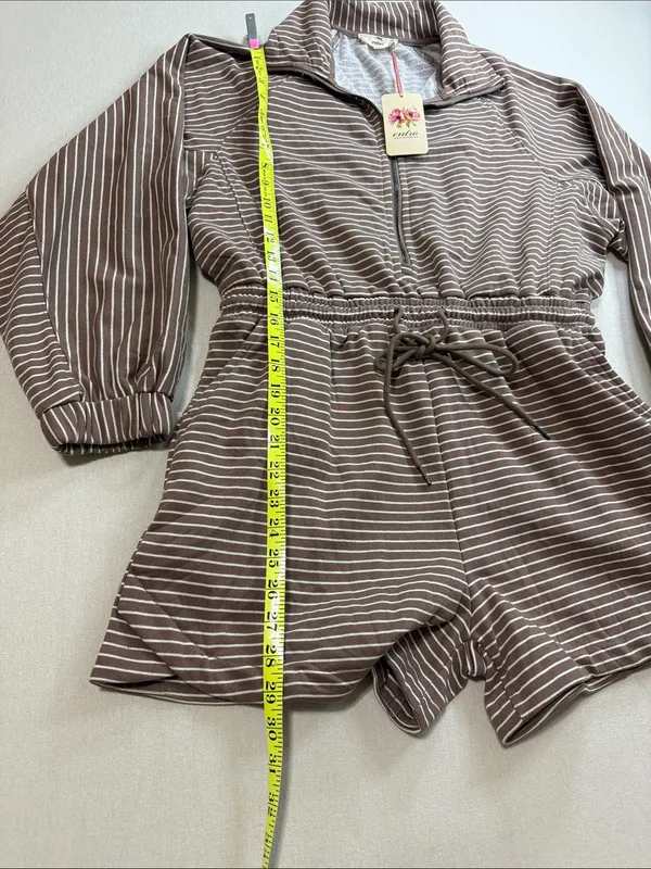 entro Taupe & White Striped Half-Zip Romper - Image 6