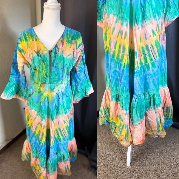 Tie Thai Boho Bell Sleeve Tie Dye Festival Maxi Dress Womens Large Multi-Color - Image 7