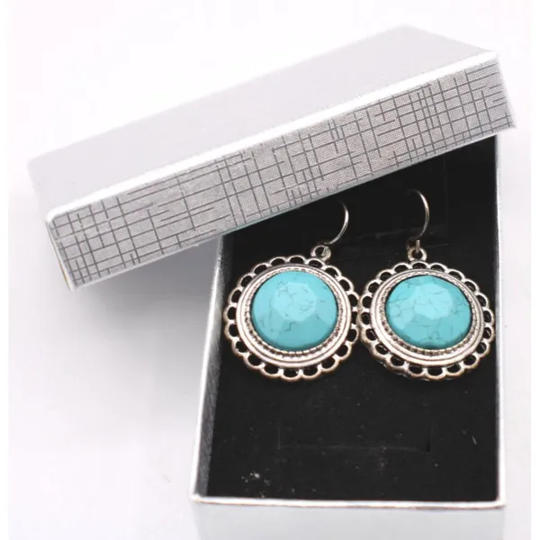 Silver Faux Turquoise Dangle Earrings Ornate Framing Southwest Boho Silver Tone - Image 7