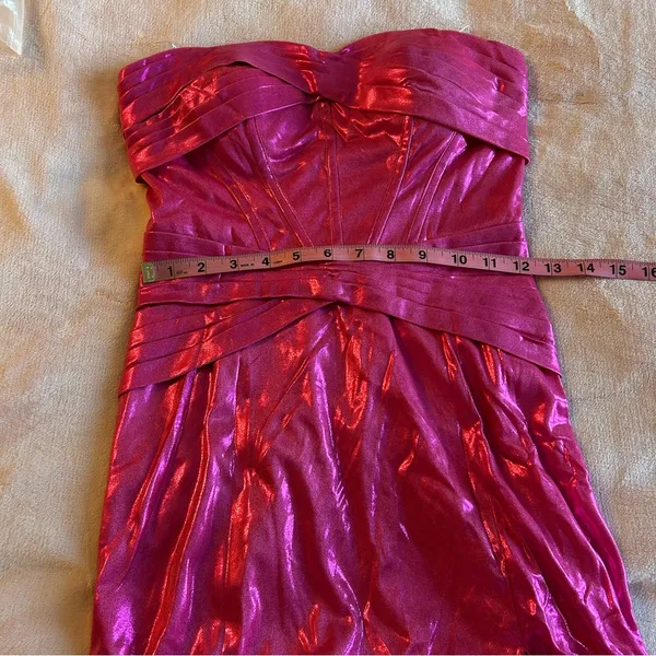 NWOT metallic pink strapless prom dress ruched front slit size 0 - Image 8