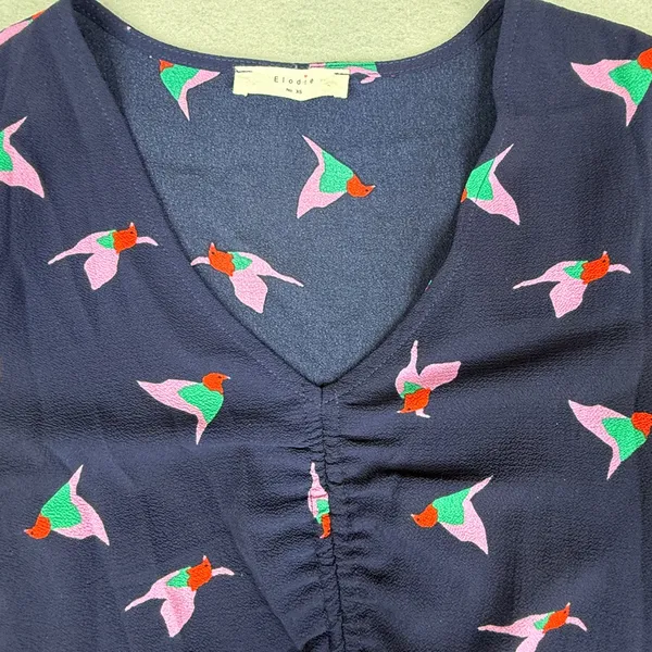 Elodie Bird Print Peplum Blouse Womens XS Navy Ruched Ruffle Cottagecore - Image 2