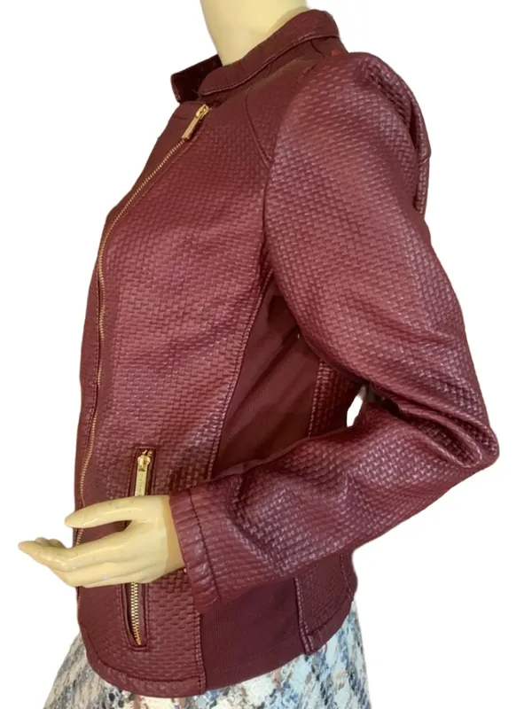 Calvin Klein Burgundy Textured Faux Leather Jacket (M) - Image 6