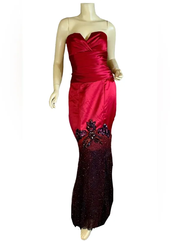Belsoie Red & Black Strapless Mermaid Style Satin Beaded Gown (6) - Image 2