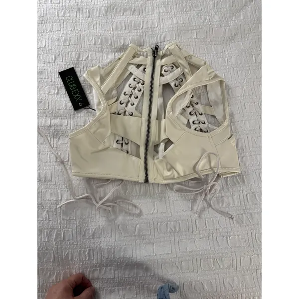 Dolls kill RUDE AWAKENING HARNESS BRA TOP Size Small Club Exx Ivory Faux Leather - Image 5