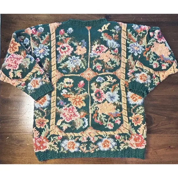 Vintage 90s Crystal Kobe Floral Sweater Small Ramie Cotton Knit Grandmacore Fall - Image 6