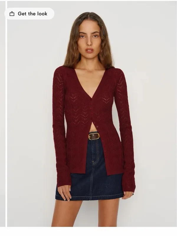Reformation V- Neck Button Front Pointelle Cardigan Sweater - Burgundy size S - Image 2