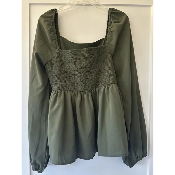SHEIN olive green blouse draped square neckline bishop sleeves Peasant Top XL/12 - Image 5