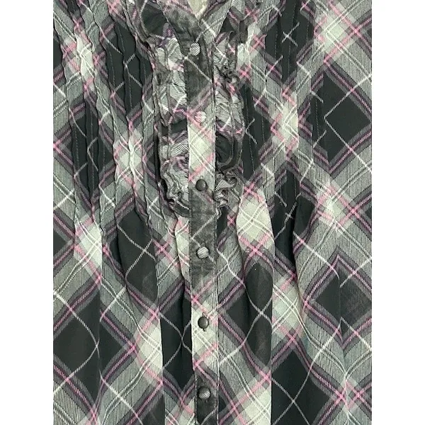 APT 9 Women's L Black Plaid‎ Ruffle Sheer Top w/ Black Tank Top Soft Goth Grunge - Image 11
