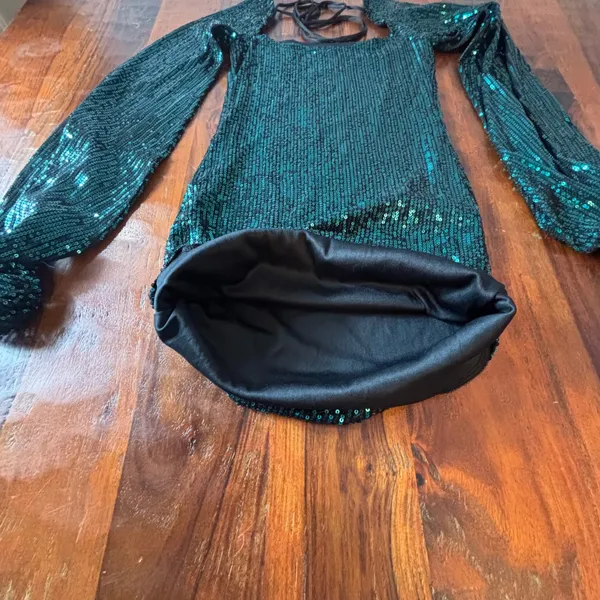Lucy In The Sky‎ Emerald Green Sequin Balloon Sleeve Mini Dress Small Tie Back - Image 7