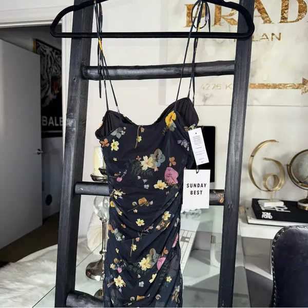 Aritzia Sunday Best XXS Caruso Black Floral Mesh Midi Dress Ruched Bodycon New - Image 10