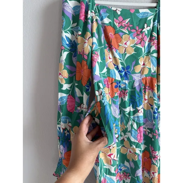 PRETTYGARDEN Green Tropical Floral Maxi Dress Smocked Cuff Square‎ Neck Boho M - Image 7