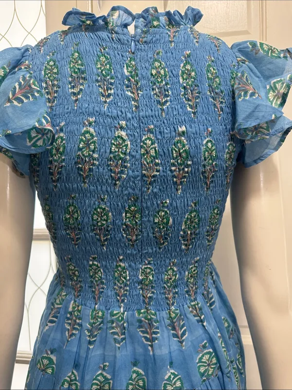 OLIPHANT 100% Cotton Smocked Flirty Ruffle Blue Block Print | Size Small - Image 12