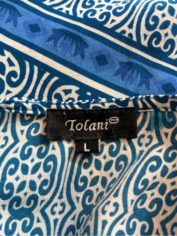 Tolani Blue Silk Medallion Print Boho Tassel Tie Blouse boho Top size large - Image 2