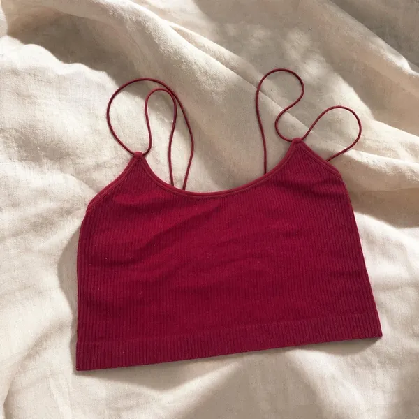 Burgundy Ribbed Double Strap Cami Crop Top Y2K Soft Girl M - Image 5
