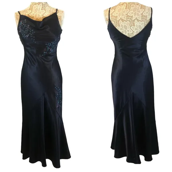 Y2K Alex Evenings navy beaded slip cowl neck floral satin formal Gown small - Image 2