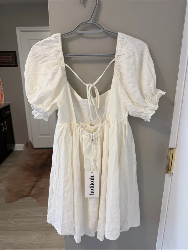 $99 NWT Selfie Leslie X Indikah Macedonia Puff Sleeve Babydoll Dress Cream, S - Image 9