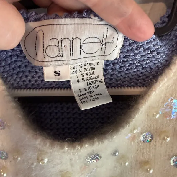 Vintage Nannette Blue Cream pearl Beaded Bib Knit iceskater fairy Sweater Small - Image 2