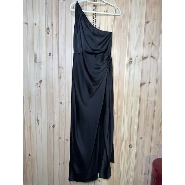 Lulus Signature Elegance Black Satin One-Shoulder Maxi Dress Banquet Large - Image 2