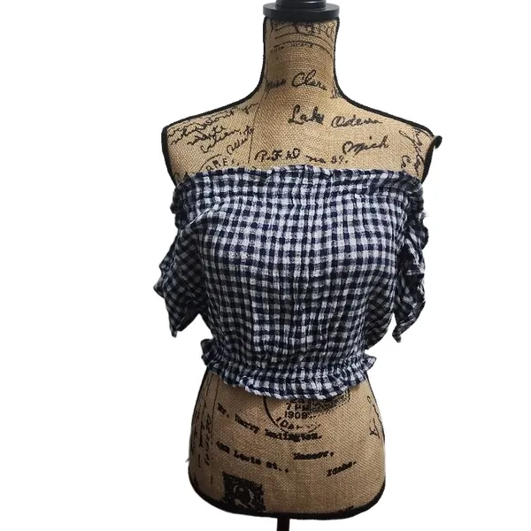 American Eagle Outfitters Top Womens Size Small Blue‎ White Gingham Crop Shirred - Image 2