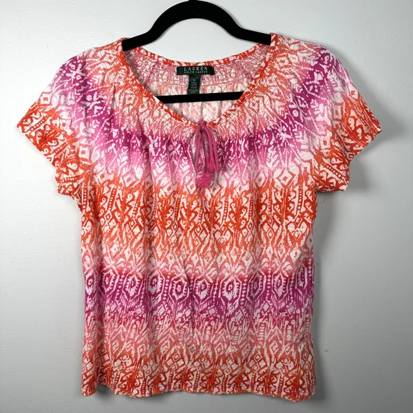 Lauren Ralph Lauren Medium Top Womens 100% Cotton Pink Orange Boho Short Sleeve‎ - Image 2