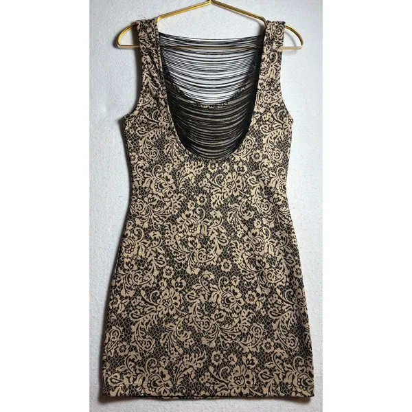 Poetry Tan Black Floral Lace Print Strappy Cage Back Bodycon Mini Dress - Image 5