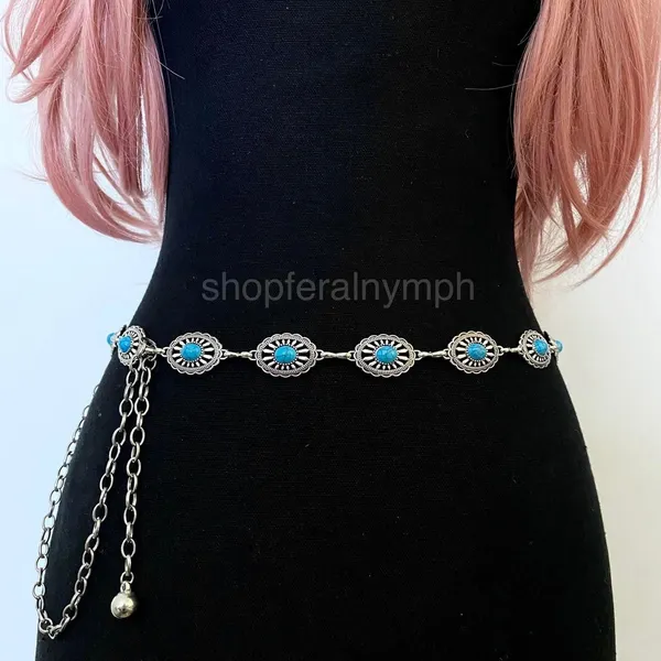 Silver Turquoise Sunburst Concho Chain Belt, Fits 25-44 Inches, X7GA1352 - Image 2