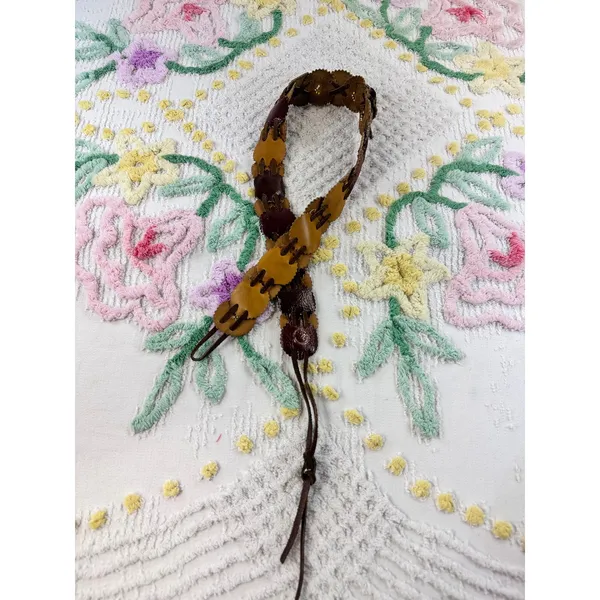 Vintage Leather Scalloped Disc Belt Made in Canada Boho Beaded Tie Closure Brown - Image 2