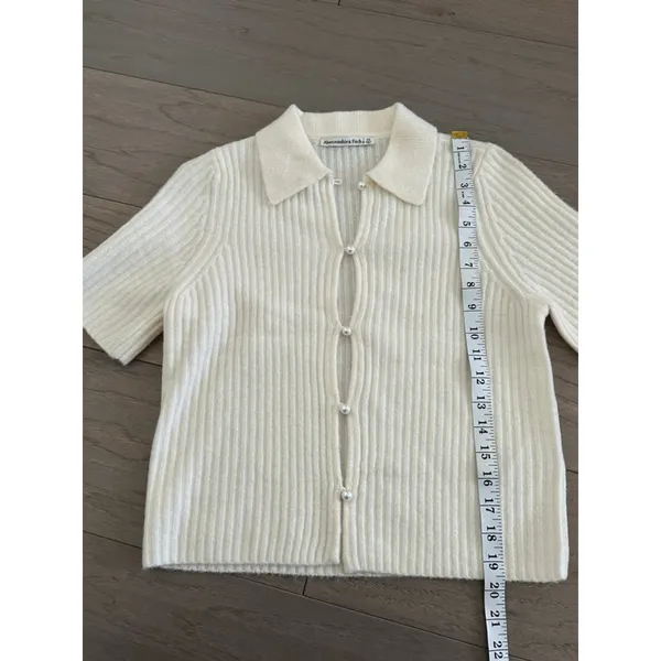 Abercrombie & Fitch Cream Ribbed Button Up Cardigan - Image 8