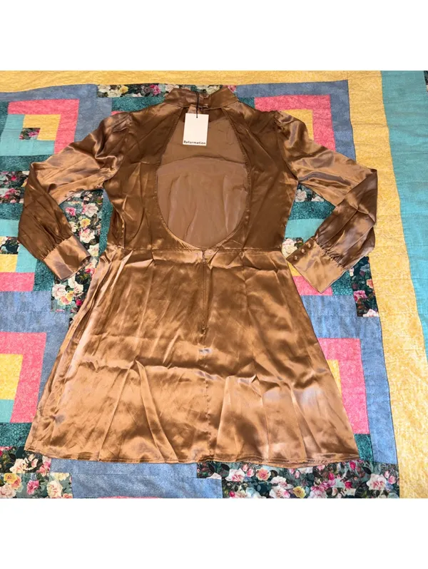 Reformation $278 Womans 12 NWT Kim 100% Silk Mock Neck Mini Dress Open Back - Image 6