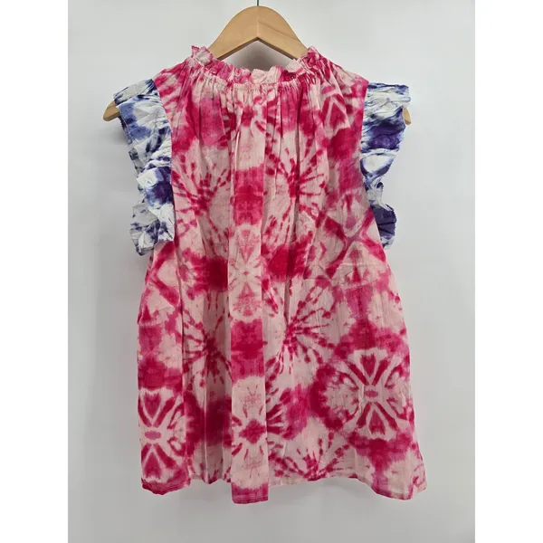 THML Top Womens Medium Bora Bora Tie Dye Flutter Sleeve Pink Blue NEW - Image 3
