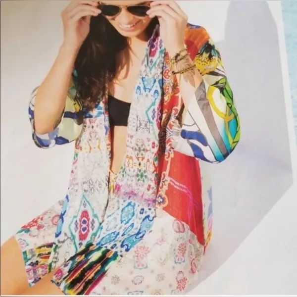 Johnny Was Johnny Was Patchwork Print Multicolor Silk Kimono Top Oversized Sz L - Image 4