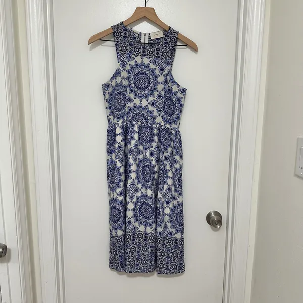 EVERLY | Women's Sleeveless Blue‎ White Geometric Print Fit Flare Midi Dress, S - Image 2