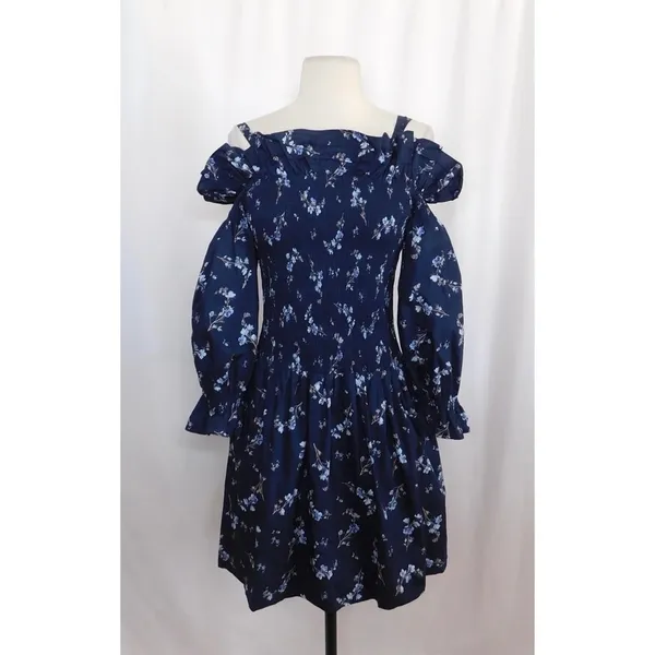 Revolve REBECCA‎ TAYLOR Francine Off Shoulder Dress Floral Smocked Navy Blue 0 - Image 2