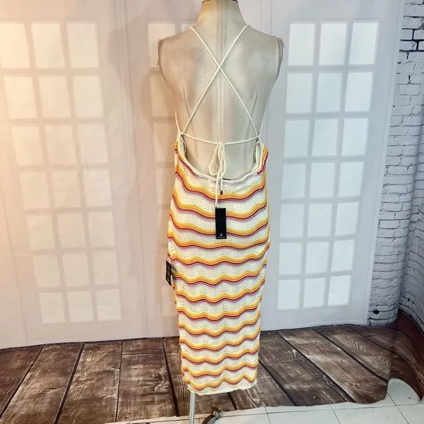Lulus Natural Bliss NWT Ivory Striped Crochet Lace Up Halter Midi Dress Medium - Image 9