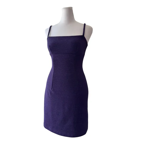 Vintage ‘90s XOXO Purple Metallic Sparkle Sleeveless Stretchy Bodycon Mini Dress - Image 3