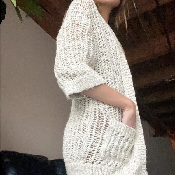 Free People marble tan crochet knit open cardigan quarter sleeve sweater - Image 3