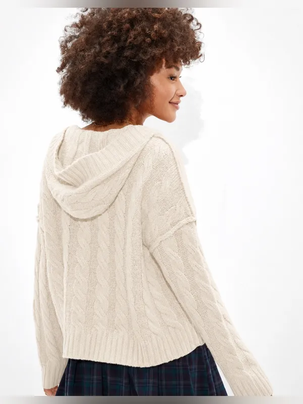American Eagle Soft & Cozy Cable Knit Hoodie Sweater – Cream/Ivory – XL - Image 3