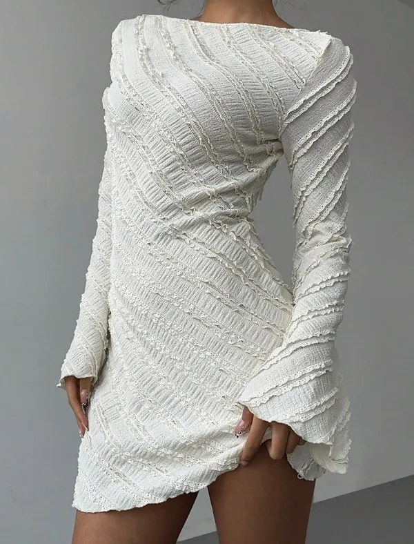 Pure White Textured Asymmetric Off-Shoulder Long Sleeve Dress - Image 2