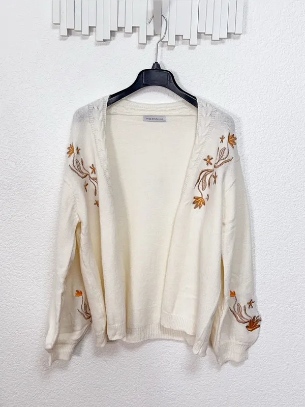 Miss Sparkling Ivory Floral Embroidered Open Front Knit Cardigan Sweater - Image 2