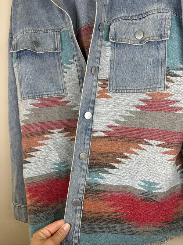 Women's Patchwork Denim Jacket Aztec Print Shacket Oversized Boho sz XS Blue - Image 3