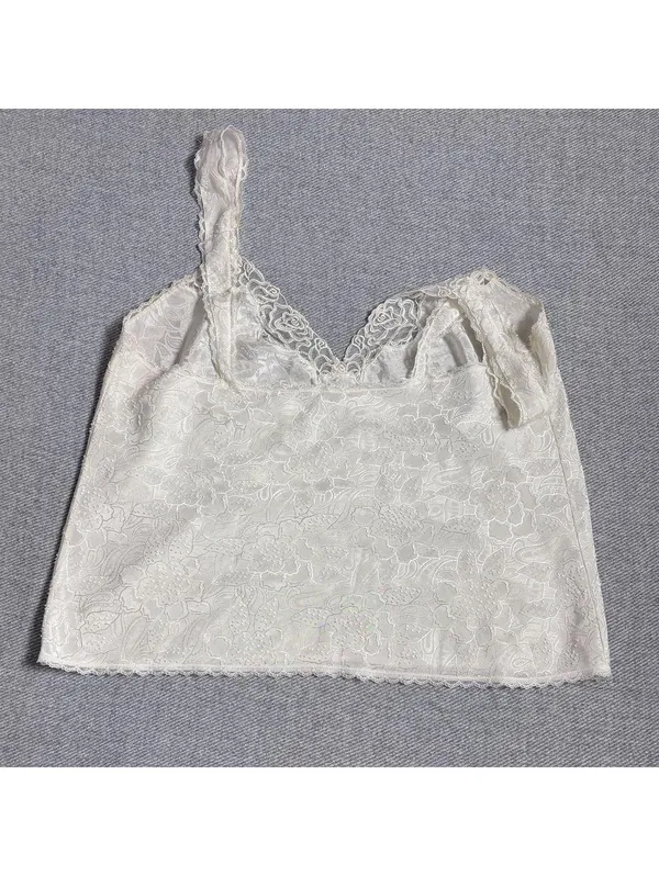 Elegant Cream Lace Camisole Top with Floral Pattern - Image 2